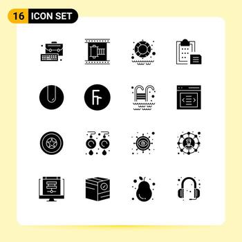 Pack of 16 Modern Solid Glyphs Signs and Symbols for Web Print Media such as ball paper movie strip interface clipboard Editable Vector Design Elements