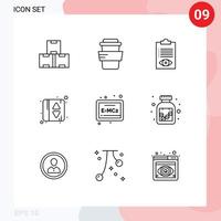 paquete de 9 signos y símbolos de contornos modernos para medios de impresión web, como elementos de diseño de vectores editables de elevación de indicación de ascensor de entrega de placa de fórmula