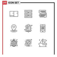 Pack of 9 Modern Outlines Signs and Symbols for Web Print Media such as checklist heart chat pin map Editable Vector Design Elements