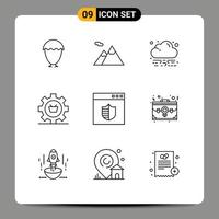 User Interface Pack of 9 Basic Outlines of secure setting green gear e Editable Vector Design Elements