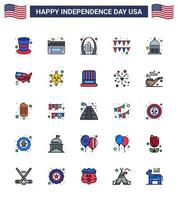 Happy Independence Day 4th July Set of 25 Flat Filled Lines American Pictograph of statehouse indiana building paper festival Editable USA Day Vector Design Elements