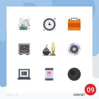 conjunto de pictogramas de 9 colores planos simples de caja de protección reloj cerradura tienda de ropa elementos de diseño vectorial editables vector