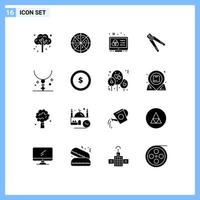 Set of 16 Vector Solid Glyphs on Grid for cross tool color scheme crimping building Editable Vector Design Elements