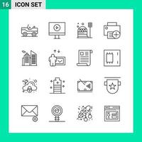 paquete de 16 iconos de estilo de línea establece símbolos de esquema para imprimir signos creativos aislados en fondo blanco vector