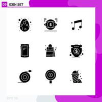 Editable Vector Line Pack of 9 Simple Solid Glyphs of bag android vision mobile phone Editable Vector Design Elements