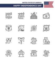 Happy Independence Day USA Pack of 16 Creative Lines of usa money scale dollar landmark Editable USA Day Vector Design Elements