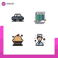 conjunto de 4 colores planos de línea de relleno de vector en cuadrícula para hoja de postre de coche hornear avatar elementos de diseño de vector editables