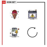 Mobile Interface Filledline Flat Color Set of 4 Pictograms of cream notification waffle notification arrow Editable Vector Design Elements