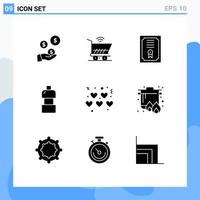 User Interface Pack of 9 Basic Solid Glyphs of boil love certificate hearts drink Editable Vector Design Elements