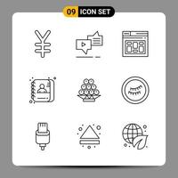 Paquete de 9 iconos negros símbolos de contorno signos para diseños receptivos sobre fondo blanco 9 conjunto de iconos vector