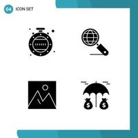 4 Universal Solid Glyphs Set for Web and Mobile Applications clock furniture globe seo photo Editable Vector Design Elements