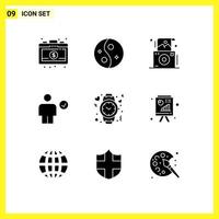 Group of 9 Solid Glyphs Signs and Symbols for heart complete camera check avatar Editable Vector Design Elements