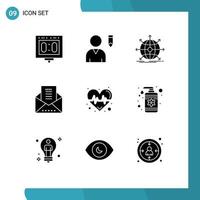 Group of 9 Modern Solid Glyphs Set for pulse message envelope business email document web Editable Vector Design Elements