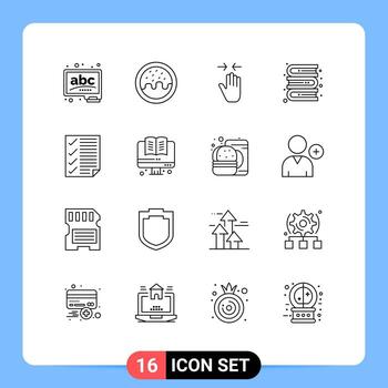 Universal Icon Symbols Group of 16 Modern Outlines of document check gesture library books Editable Vector Design Elements