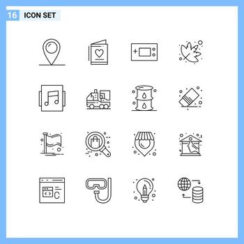 User Interface Pack of 16 Basic Outlines of music nature devices marijuana technology Editable Vector Design Elements