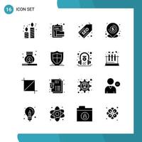Vector Pack of 16 Glyph Symbols Solid Style Icon Set on White Background for Web and Mobile