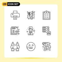 Mobile Interface Outline Set of 9 Pictograms of database female chef list cook content management Editable Vector Design Elements