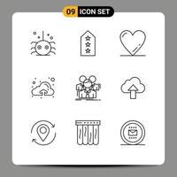 Set of 9 Vector Outlines on Grid for business team three upload cloud Editable Vector Design Elements