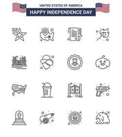 16 USA Line Pack of Independence Day Signs and Symbols of gate outdoor location pin match camping Editable USA Day Vector Design Elements