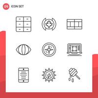 Pack of 9 Universal Outline Icons for Print Media on White Background vector