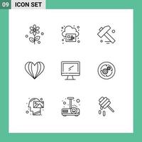 Pack of 9 creative Outlines of imac monitor hammer computer love Editable Vector Design Elements