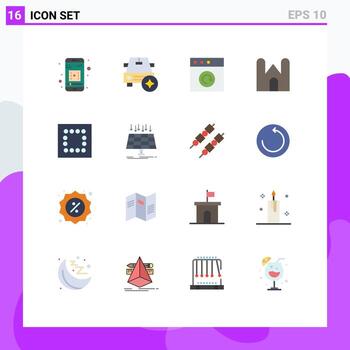 conjunto de colores planos de interfaz móvil de 16 pictogramas de diseño solar torre de castillo medieval mac paquete editable de elementos creativos de diseño de vectores