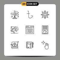 Pack of 9 Modern Outlines Signs and Symbols for Web Print Media such as secure digital connection marketing atoumation marketing Editable Vector Design Elements