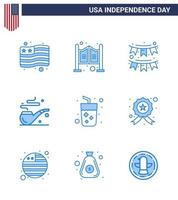 Modern Set of 9 Blues and symbols on USA Independence Day such as juice alcohol buntings st pipe Editable USA Day Vector Design Elements