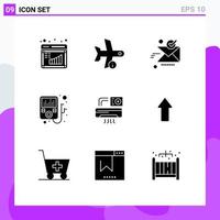 Mobile Interface Solid Glyph Set of 9 Pictograms of aircondition player transportation device ok Editable Vector Design Elements