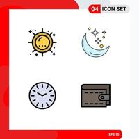 Pack of 4 Modern Filledline Flat Colors Signs and Symbols for Web Print Media such as heat space sunlight night clock Editable Vector Design Elements