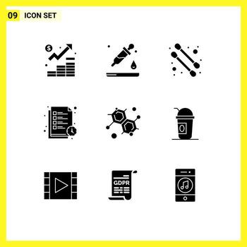 Universal Icon Symbols Group of 9 Modern Solid Glyphs of science chemist science list study time Editable Vector Design Elements