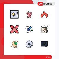 Mobile Interface Filledline Flat Color Set of 9 Pictograms of left arrow heating nature flower Editable Vector Design Elements