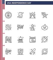 USA Happy Independence DayPictogram Set of 16 Simple Lines of hotdog usa icecream flag star Editable USA Day Vector Design Elements