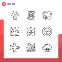 Pack of 9 Universal Outline Icons for Print Media on White Background vector