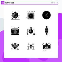 Set of 9 Commercial Solid Glyphs pack for solution bulb circle saint event Editable Vector Design Elements