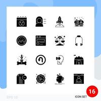 Pack of 16 creative Solid Glyphs of business donut startup dessert pollution Editable Vector Design Elements