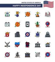 25 signos de línea plana llena de estados unidos símbolos de celebración del día de la independencia de puerta histórica premio de puente de baloncesto elementos de diseño de vector de día de estados unidos editables