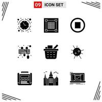 9 iconos de estilo sólido basados en cuadrícula símbolos de glifos creativos para el diseño de sitios web signos de iconos sólidos simples aislados en fondo blanco 9 conjunto de iconos vector