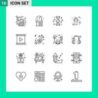 paquete de 16 signos y símbolos de contornos modernos para medios de impresión web, como flechas de dirección de genes rectos de cine, elementos de diseño de vectores editables