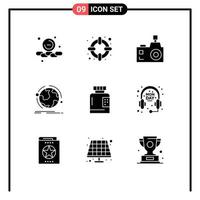 Mobile Interface Solid Glyph Set of 9 Pictograms of bottle connection flash camera discover globe Editable Vector Design Elements