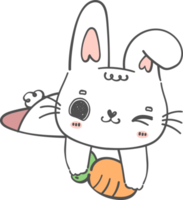 linda sonrisa feliz conejito blanco con zanahoria en el agujero caricatura garabato animal personaje dibujo a mano png