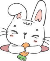 carino contento Sorridi bianca coniglietto coniglio con carota nel buco cartone animato scarabocchio animale personaggio mano disegno png