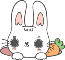Süßes, glückliches Lächeln, weißes Häschen mit Karotte in Loch-Cartoon-Doodle-Tiercharakter-Handzeichnung png