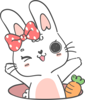 Cute happy smile white bunny rabbit with carrot in hole cartoon doodle animal character hand drawing png