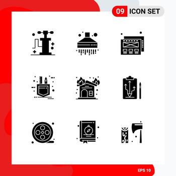 9 Universal Solid Glyphs Set for Web and Mobile Applications plan firehouse patch interior fire Editable Vector Design Elements