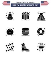 Happy Independence Day 4th July Set of 9 Solid Glyphs American Pictograph of security sign landmark shield fast food Editable USA Day Vector Design Elements