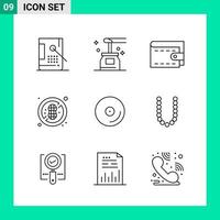 paquete de 9 iconos de estilo de línea establece símbolos de esquema para imprimir signos creativos aislados en fondo blanco 9 conjunto de iconos vector