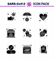 conjunto de iconos covid19 para infografía 9 paquete negro de glifo sólido como enfermedad covid amor tienda prohibida coronavirus viral 2019nov elementos de diseño de vectores de enfermedad