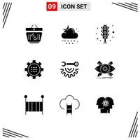 Group of 9 Solid Glyphs Signs and Symbols for setting gear moon configuration traffic signal Editable Vector Design Elements