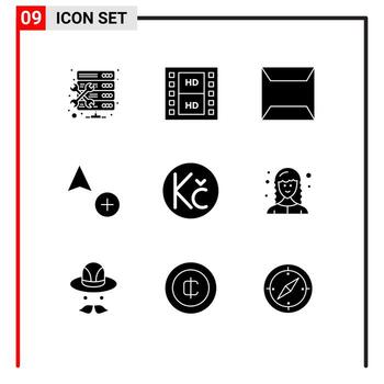 grupo de 9 signos y símbolos de glifos sólidos para documentos de monedas de desarrollador elementos de diseño de vectores editables de copia de koruna